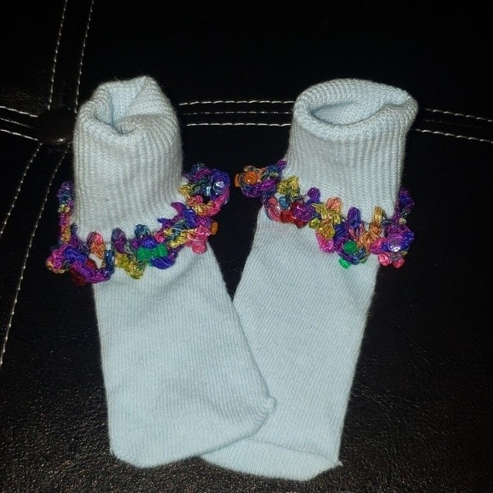 Crochet Beaded Light blue socks Size 18 month  Homemade!
